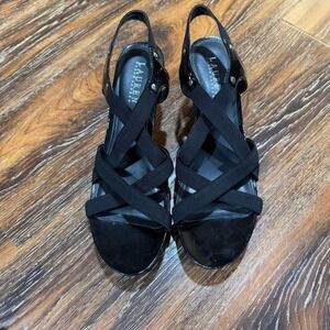 Ralph Lauren Black Elastic Wedge‎ Sandals Heels Women's Size 8B Strappy